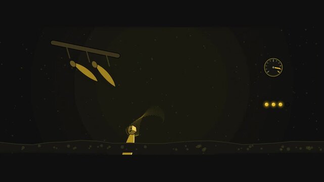 Abstract animated winged seed autorotating down drawn as yellow and gold lines and shapes on a deep dark background. Seamless looping 4K motion graphics video with free space for text, ideal for scien