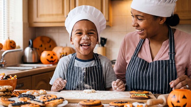 Laughing mother and son in chef costumes with flour on noses making funny faces at camera, perfect for cozy Halloween baking themed family social posts.