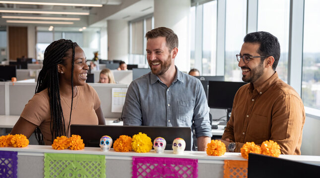 Three joyful coworkers celebrating in a modern office with Day of the Dead decor, perfect for internal corporate party and employee engagement content.