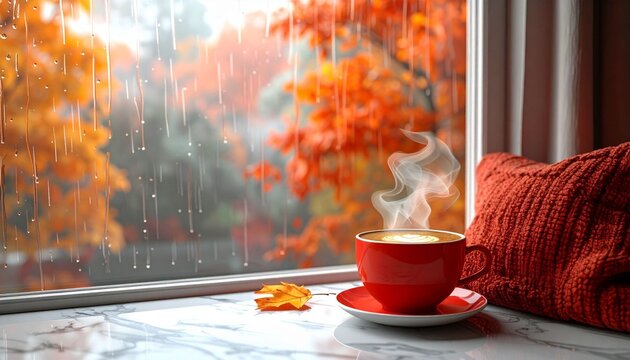 The interior offers a warm, tranquil atmosphere featuring a steaming cup of coffee in a vibrant red mug, a marble table, and a reading nook by the window. Outside, copper-orange leaves are visible ami