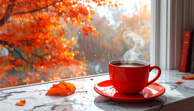 The interior offers a warm, tranquil atmosphere featuring a steaming cup of coffee in a vibrant red mug, a marble table, and a reading nook by the window. Outside, copper-orange leaves are visible ami