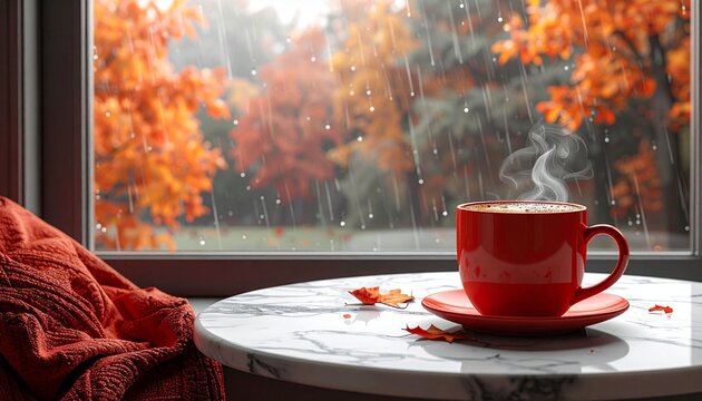 The interior offers a warm, tranquil atmosphere featuring a steaming cup of coffee in a vibrant red mug, a marble table, and a reading nook by the window. Outside, copper-orange leaves are visible ami