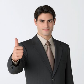 Businessman confidently displays a thumbs-up gesture while smiling genuinely at the camera, wearing a sophisticated dark suit with a light brown shirt and tie, isolated against a simple, clean light.