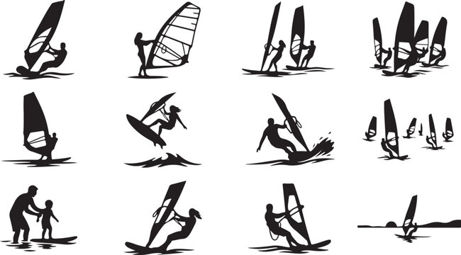 Collection of black silhouette featuring windsurfers on water, showing various sailing techniques, jumping, and leisure activities