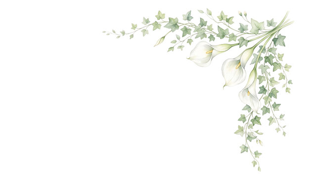 Watercolor white calla lily flower and ivy corner arrangement