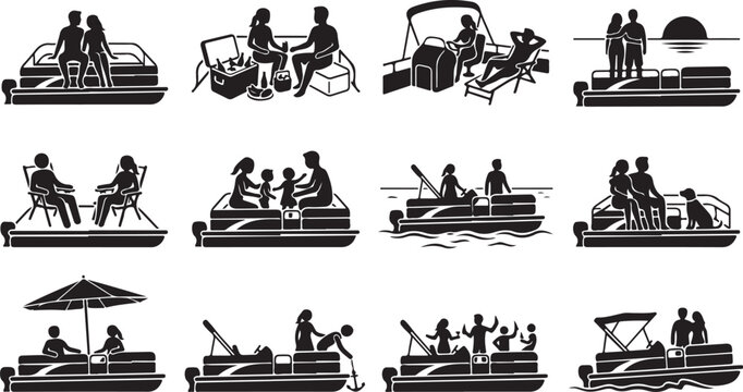 Set of black silhouette showing people on pontoon boats, including social gatherings, relaxation, and family time on the water surface
