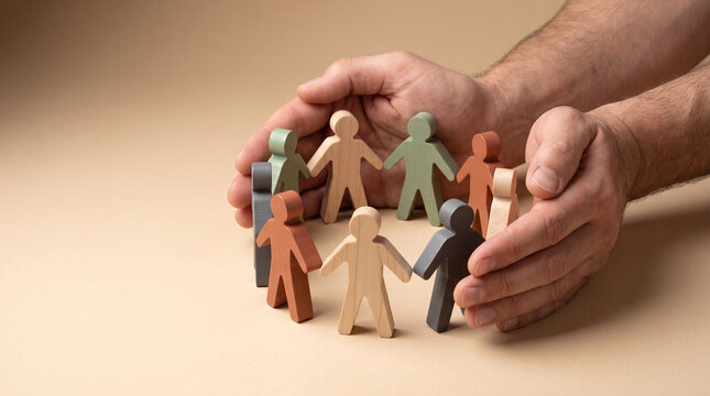 Employee welfare and workplace inclusion concept featuring hands protecting diverse wooden figures representing corporate human resources