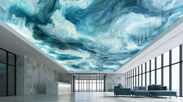 Abstract swirls of teal, azure, and white paint create a dramatic sky-like ceiling, complementing a modern interior's sleek, minimalist design, representing calm