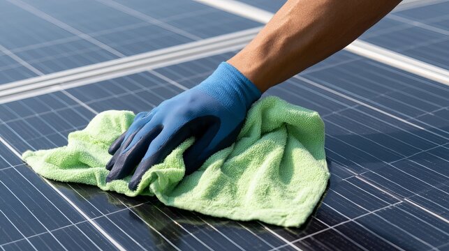 A gloved hand gently wiping a solar panel with a bright green cloth, showcasing renewable energy maintenance against a dark grid background