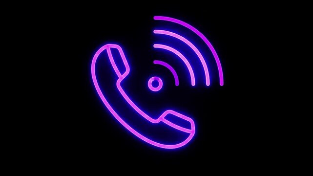Glowing Neon Purple Telephone Ringing Icon on Black Background