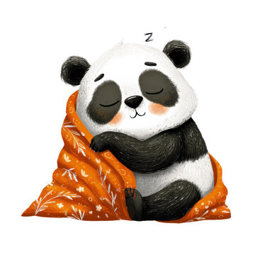Cute sleeping baby panda illustration, cozy animal character hugging orange blanket, nursery art and kids decor isolated PNG with Transparent Background