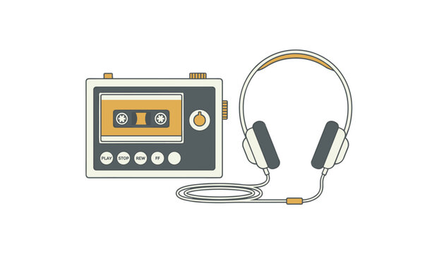 Vintage portable cassette tape player connected to a pair of large over ear headphones in a classic retro music setup.