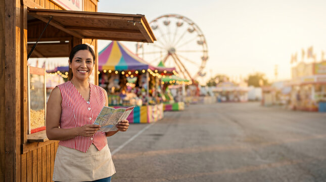 Female event host standing beside retro carnival concession stand