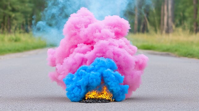 Vibrant Pink and Blue Smoke Cloud with Fiery Flames Rising on an Asphalt Road Surrounded by Nature