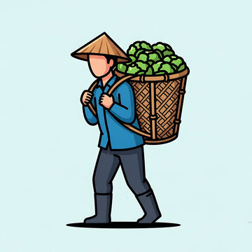 Asian farmer carrying a traditional wicker basket filled with fresh green tea leaves or vegetables, wearing a conical hat and blue work clothes, vector illustration