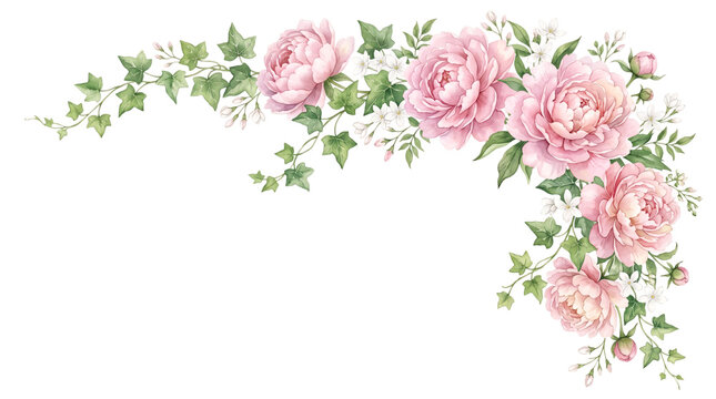 Watercolor pink peony flower and ivy leaf corner arrangement