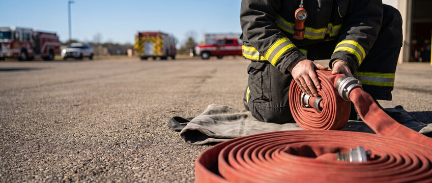 An adult firefighter kneeling on asphalt during equipment maintenance