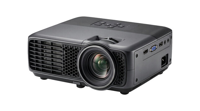 Black multimedia projector for home cinema entertainment and business presentations at conference room.