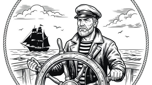 Old sailor captain steering a ship with a large wooden wheel on the ocean with a vintage sailing boat in the distance
