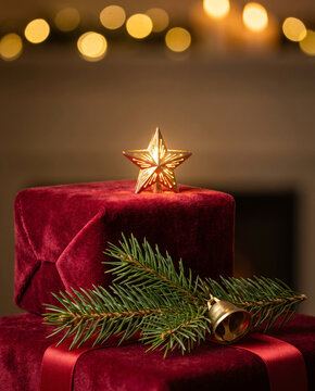 Tactile Macro Detail: Glowing Star Topper on Red Velvet Gift Box with Golden Bell