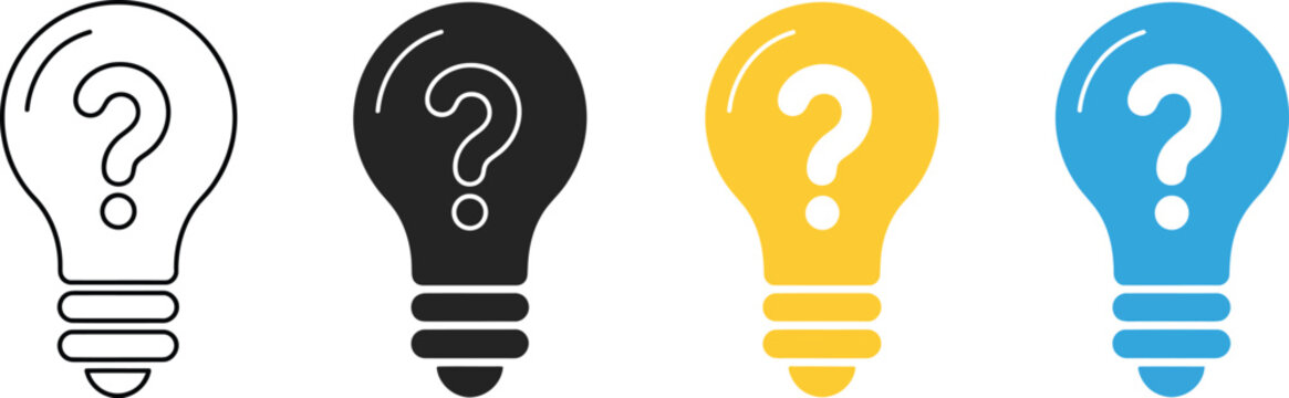 Light bulb question mark icon featuring flat minimal design for ideas, innovation, creativity, questions, and problem solving.