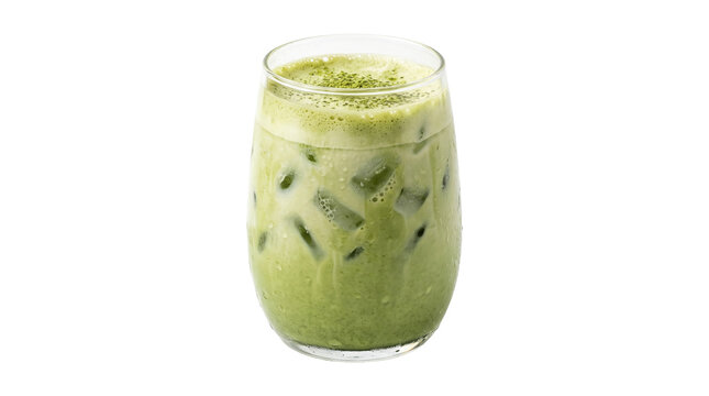 Chilled matcha green tea latte topped with foam inside glass cup isolated on transparent background png.