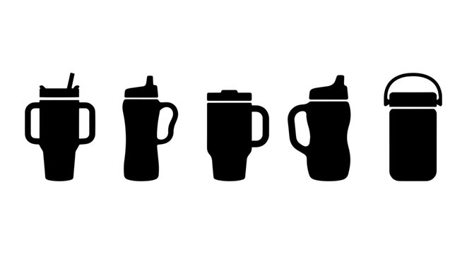 Set of 5 Black Silhouette Sippy Cups, Toddler Drinkware Icons, Baby Hydration Vessels, Children's Beverage Containers