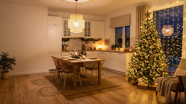 Cozy Evening Kitchen Dining Area with Glowing Christmas Tree and Rattan Pendant