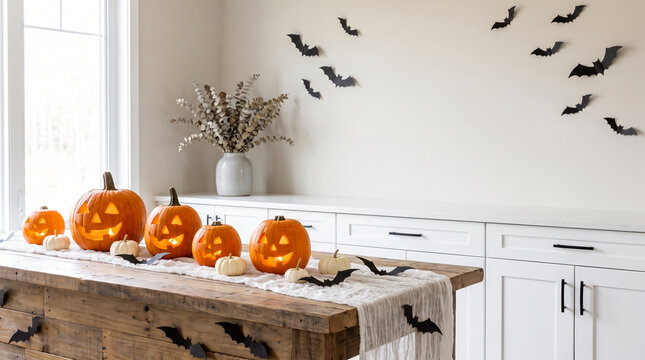 Modern Farmhouse Kitchen Counter with Carved Jack-o'-Lanterns and Paper Bats