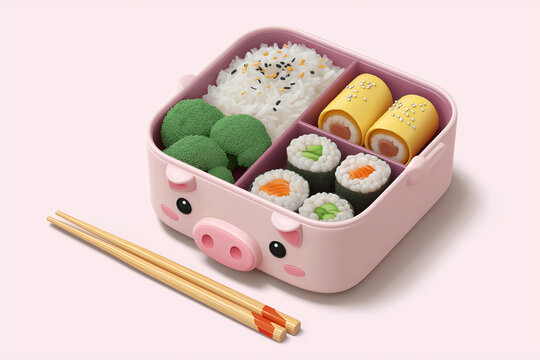 Cute 3D Pink Bento Lunch Box with Sushi Rice Vegetables and Chopsticks