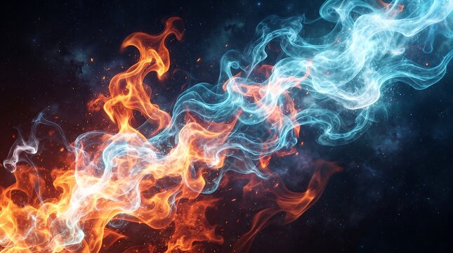 Abstract dynamic background showing interwoven fire and water smoke trails blending into intense glowing stream against dark particle filled space sky.