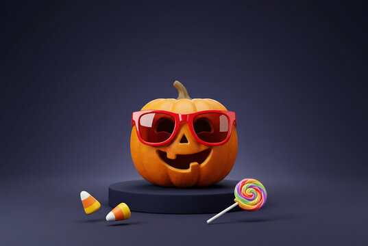 A single charming, round orange pumpkin wearing oversized glossy red sunglasses and a playful