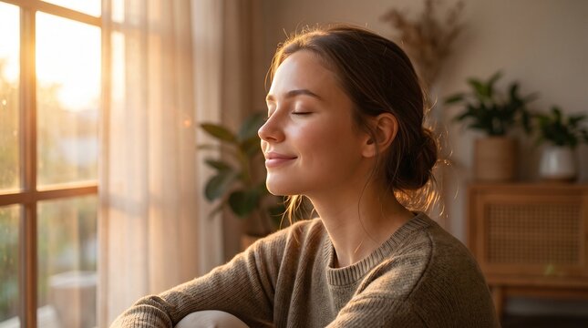 Serene woman soaking in morning sun for mindfulness