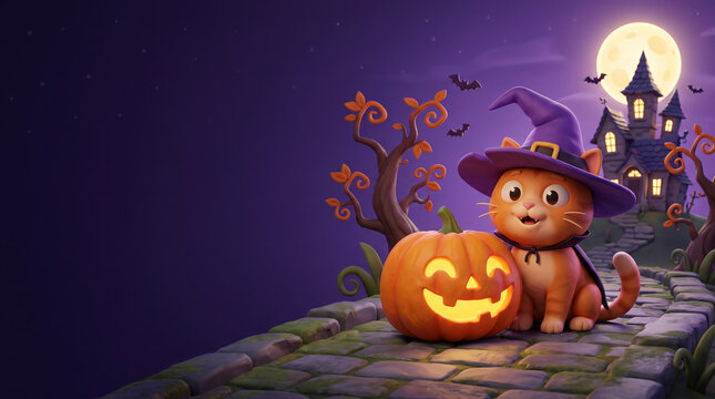 Whimsical 3D Stylized Scene: Cartoon Ginger Cat Witch Beside Giant Glowing Pumpkin
