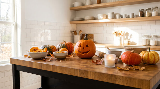 Wide Establishing View: Autumn Culinary Workshop with Arranged Pumpkins and Baking Prep