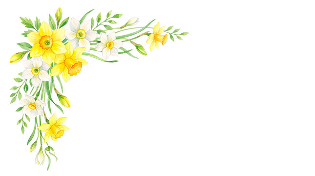 Watercolor corner arrangement with yellow daffodil and narcissus