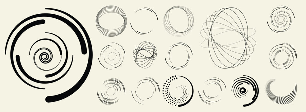 Collection of vector design elements. Set of logos with lines, spirals and circles. Various forms of line and dots design.Vector logo collection. Bundle of circle icons and elements. Set of lines art.