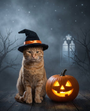 Mystical Ginger Cat Familiar in Witch Hat Beside Carved Pumpkin