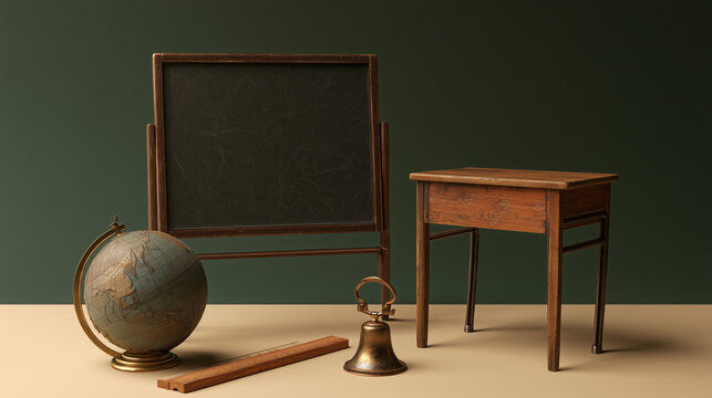 Vintage classroom objects collection with chalkboard, desk, globe, ruler and school bell, retro 1960s educational still life 3D render