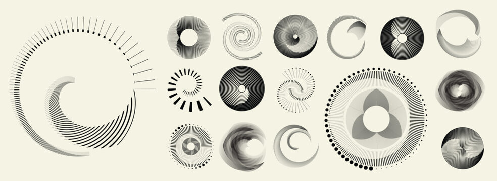 Collection of vector design elements. Set of logos with lines, spirals and circles. Various forms of line and dots design.Vector logo collection. Bundle of circle icons and elements. Set of lines art.