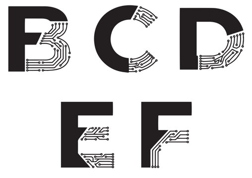 Futuristic letters B, C, D, E, and F combined with electronic circuit board lines, creating a geometric technology alphabet set for digital and engineering concepts.