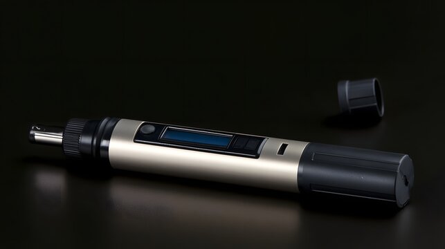 A sleek digital pH meter with a metallic body and black grip  resting on a dark reflective surface with its cap nearby
