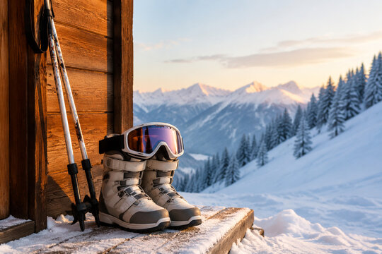 Ski poles, goggles, insulated winter boots at doorstep with snowy slope, winter season preview