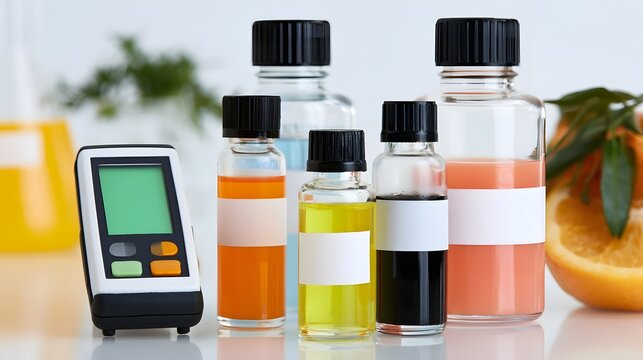 Digital Brix meter beside assorted liquid samples in glass bottles with black caps and blank labels