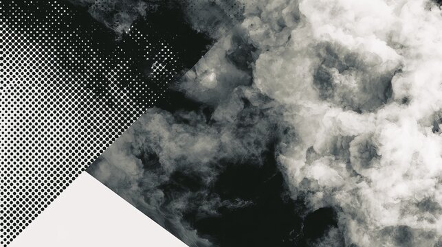 Dynamic monochrome abstract design featuring a blend of halftone dots and swirling cloud formations, representing creative innovation and business transition