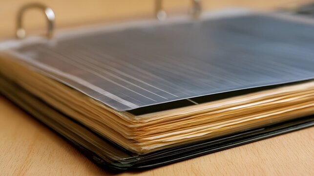 A close up view of a binder with a transparent sleeve holding a microfiche sheet  resting on a wooden surface