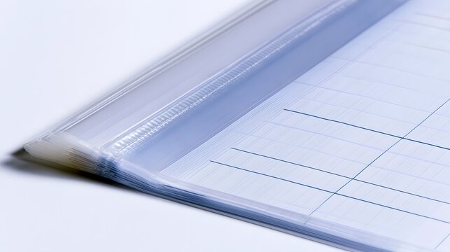 A clear plastic sleeve holds a sheet of graph paper with blue grid lines  viewed from a diagonal angle on a white surface