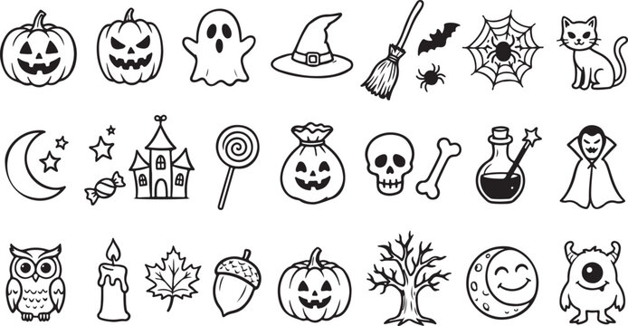 Halloween icons set vector outline drawing simple spooky elements.