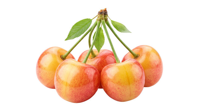 Sweet rainier cherries with green leaves fresh ripe yellow red summer fruit berries.