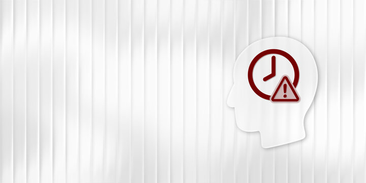 Conceptual 3D illustration featuring a white human head silhouette with a red clock icon and an attention warning triangle, representing time pressure, stress, and anxiety.